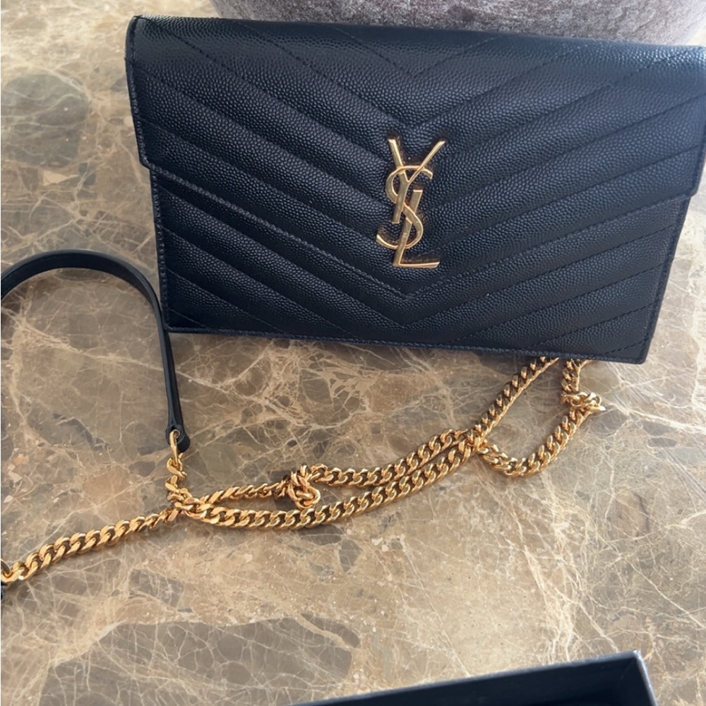 Yves Saint Laurent Black Chevron Clutch with Gold Accents - Picture 3 of 6